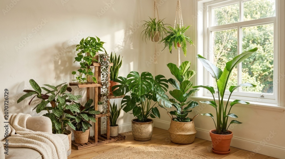 Fototapeta premium Sunlit room with diverse indoor plants, wooden shelf, cozy sofa, and large window view of greenery