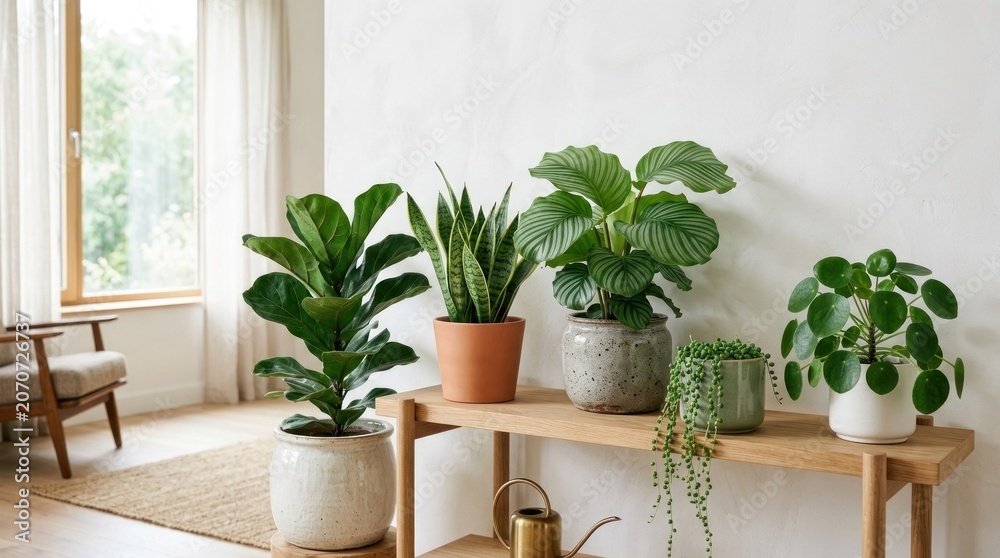 Fototapeta premium Bright room with diverse green plants on wooden shelf, by a window with natural light and soft furnishings