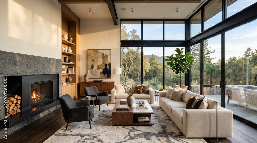 Obraz premium Modern living room with glass walls, cozy seating, fireplace, artwork, large windows, and outdoor view