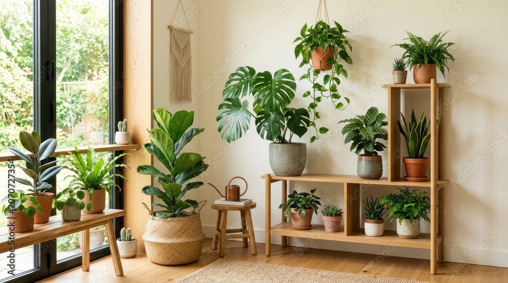 Fototapeta premium Indoor room with diverse potted plants on wood shelves, natural light through big glass window
