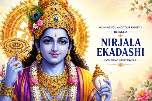Lord Vishnu on Vaikunth Ekadashi, Krishna/Krushna Janmashtami, Ram Navami, Narsimha Jayanti, Onam, Ekadashi Vrat, Ananta Chaturdashi, Tulasi Vivah, Nirjala Ekadashi, Varah Jayanti, Aashadhi Ekadashi