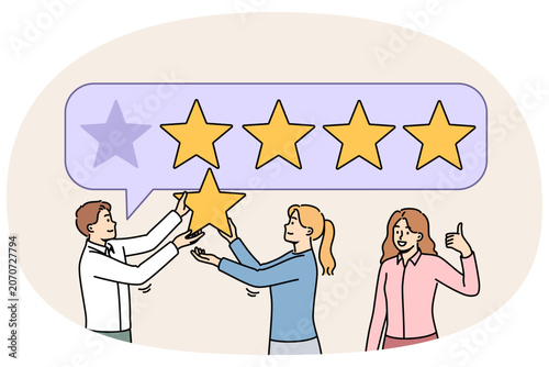 Team work to improve rating and receive five-star rating from three friendly managers. Business people provide quality customer service to win company rankings based on user surveys