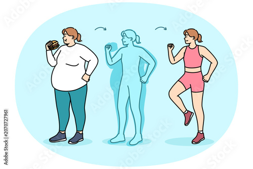 Fat woman loses weight by stopping eating fast food and starting to exercise or run. Girl loses weight by getting rid of excess calories and leading active lifestyle that improves digestion.