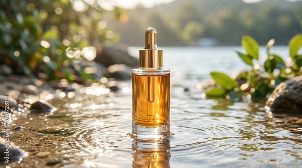 Fototapeta premium A glass bottle with gold cap sits in a serene stream surrounded by stones and green foliage during sunset