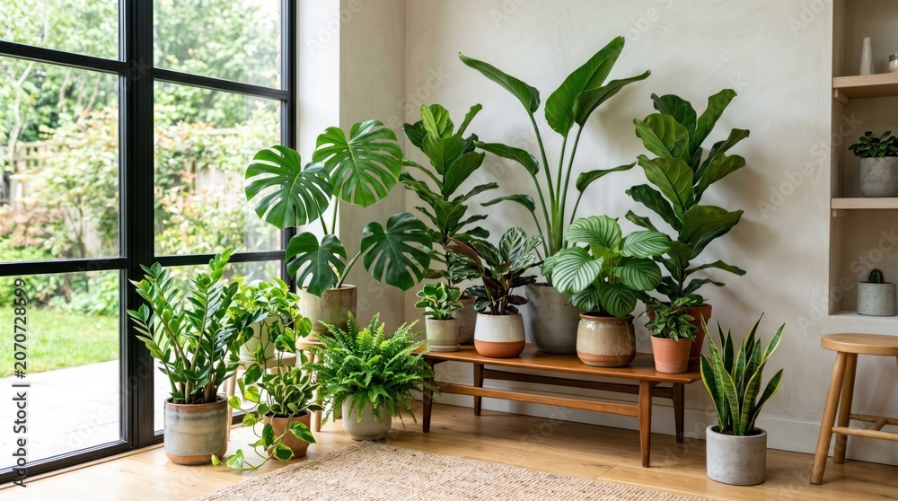 Fototapeta premium Bright room with various potted plants by a large window; wooden bench and shelf add warmth to the decor