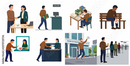 Bank Loan Application Process Illustration Set, Financial Success and Failure, Credit Approval and Rejection Scenes
