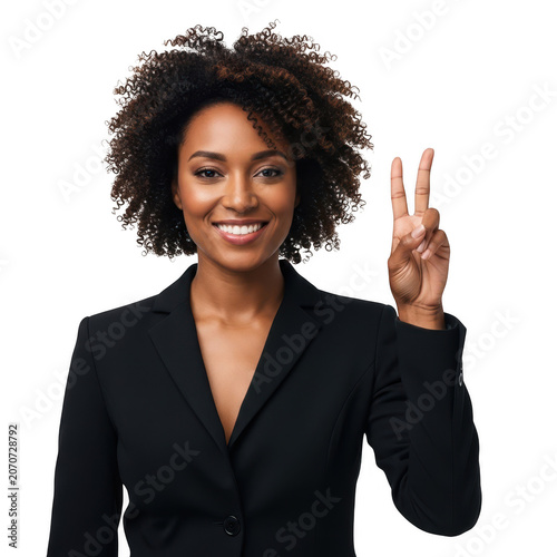 Professional woman giving peace sign gesture isolated on transparent background