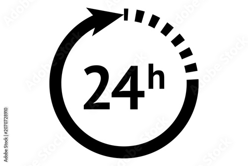 Fotografie Black 24h Service Clock Icon with Dashed Circular Arrow - Twenty Four Hours Cust