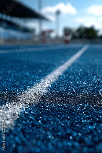 Low angle view of a blue running track lane, ideal for sports training, fitness goals and athletic competition concepts.