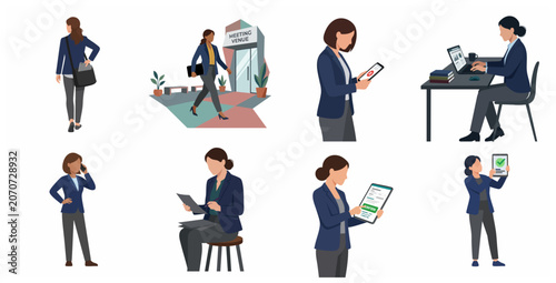 Set of professional business woman characters performing various activities like working on a laptop, using digital tablets, walking to meetings, and talking on the phone