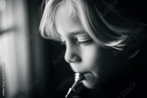Black and white portrait of a White boy playing trumpet by a window, ideal for music education, childhood focus and artistic concepts.