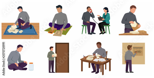 Fotografi Flat illustration set of a man experiencing financial stress, managing bills, calculating expenses, and facing debt problems