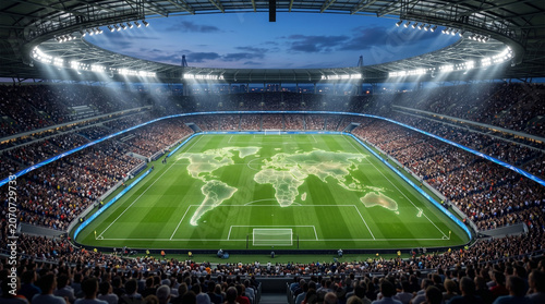 Wide shot of large soccer stadium filled with spectators and glowing world map projected on field under bright stadium lights