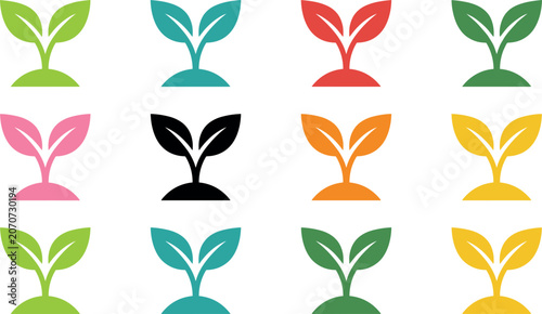 Foto Colorful Plant Sprout Vector Icon Set with Growing Seedling Symbols for Ecology,