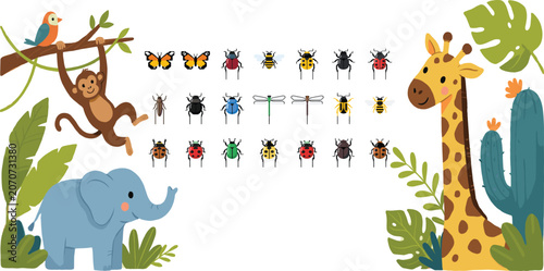 Photography Cute Jungle Animals and Insect Collection with Monkey Elephant and Giraffe