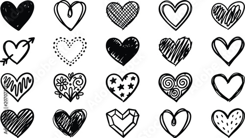 Foto Set of hand drawn sketchy heart icons with various patterns