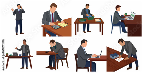 Set of flat vector illustrations of businessmen in various office scenarios, depicting work, stress, and success.