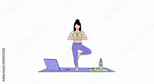 Woman Practicing Yoga Tree Pose at Home with Online Virtual Class on Laptop