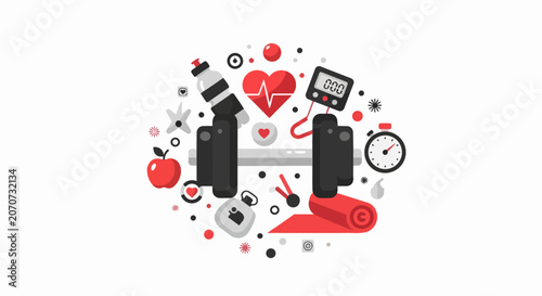 Fitness and Wellness Concept Illustration with Barbell, Heart Pulse, Nutrition, and Gym Equipment Flat Graphics on White