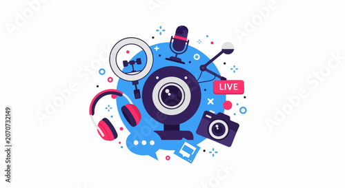 Modern Podcast and Live Streaming Equipment Illustration for Digital Content Creation