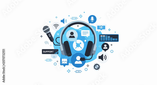 Modern Customer Support and Audio Communication Flat Vector Illustration with Headphones, Microphone, and Digital Service Icons