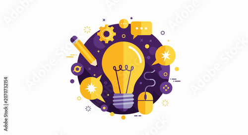 Flat Design Creative Idea Concept Illustration with Light Bulb, Pencil, and Gear for Innovation and Digital Marketing