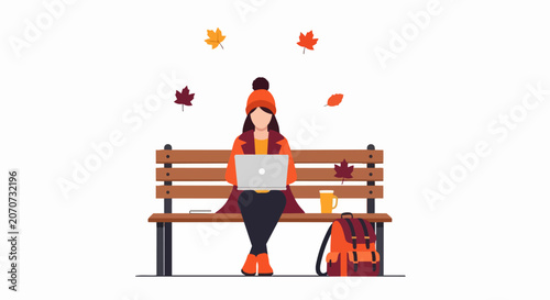 Woman Working on Laptop on Park Bench in Autumn, Flat Vector Illustration of Freelancer or Student Studying Outdoors with Falling Leaves