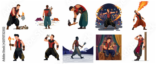 Canvas-taulu Set of fire performer characters and circus entertainers in flat vector style, f