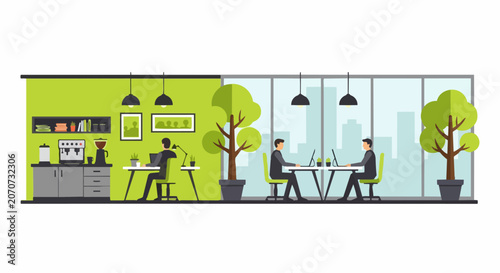 Modern Coworking Space and Creative Office Interior Illustration with Professionals Working on Laptops, Coffee Station, and City View