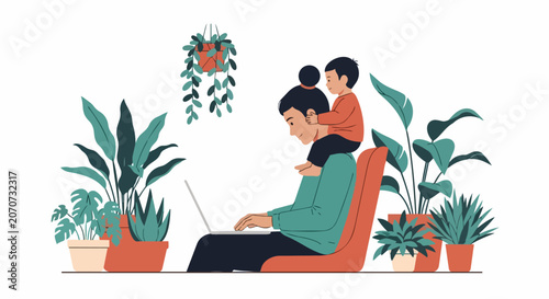 Mother Working from Home on Laptop with Child on her Shoulders Surrounded by Houseplants - Remote Work and Parenting Concept Illustration