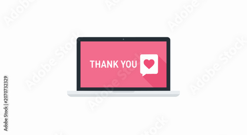 Laptop Computer with Thank You Message and Heart Icon on Pink Screen, Isolated on White Background