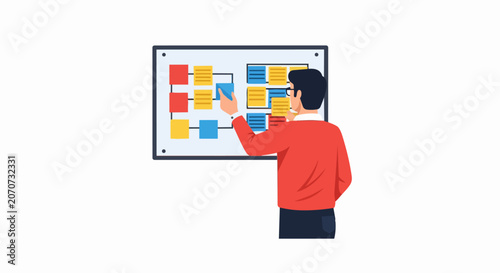 Professional Man Organizing Workflow on a Kanban Board with Colorful Sticky Notes, Agile Project Management and Strategic Planning Concept Vector Illustration