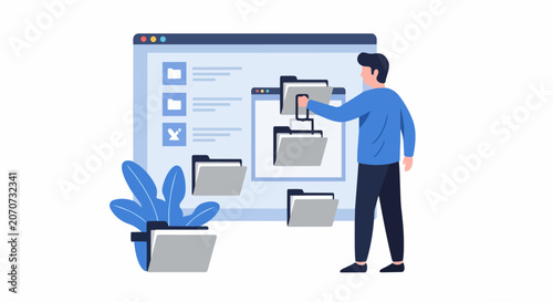Digital Data Management and Document Organization Concept Illustration with Man Organizing Folders on a Web Interface