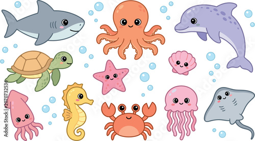 Tableau sur toile Cute kawaii sea animals vector cartoon character collection set with underwater