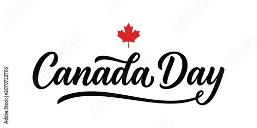 Quadro su tela Canada Day calligraphy with a red maple leaf on a white background for patriotic