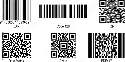 Bild auf Leinwand Barcode and QR code collection, set of 6 identification symbols including EAN, C