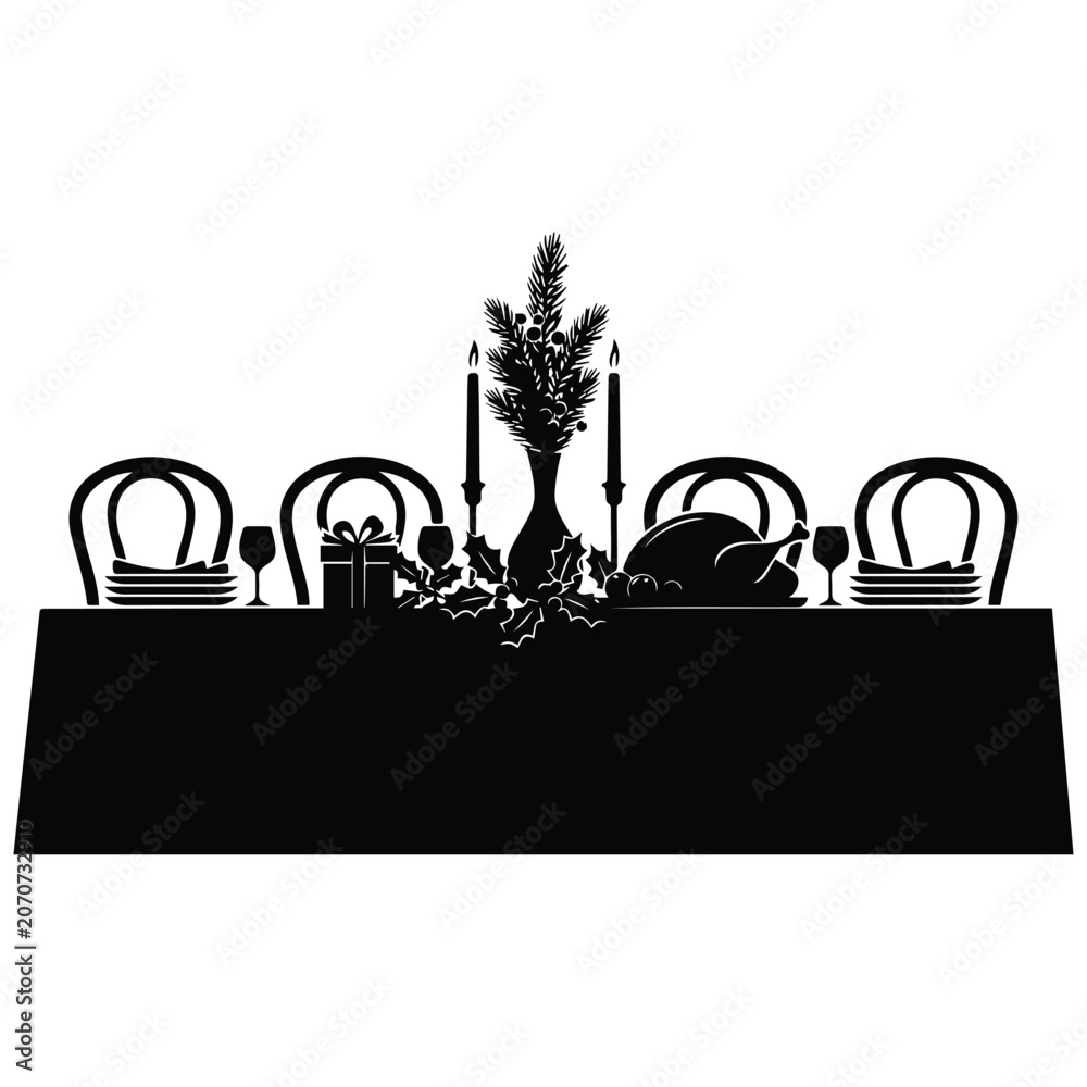 Obraz premium Christmas dinner table with roasted turkey and chairs vector silhouette illustration.