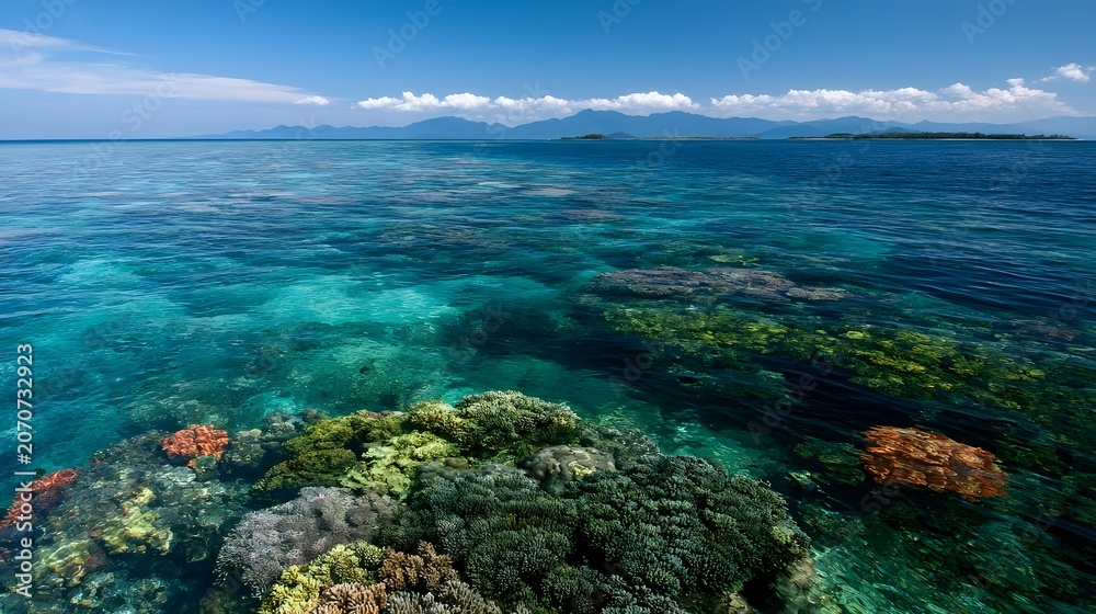 Obraz premium Vivid underwater scene of a pristine coral reef beneath clear sunlit tropical water extending to a distant horizon