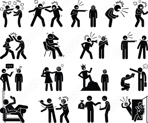 Photos A black-and-white pictogram icon set featuring multiple stick figure scenes depi