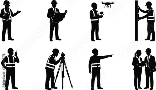 Fényképezés Construction Workers Engineers and Surveyors Silhouette Set for Civil Engineerin