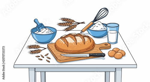 Loaf of bread on cutting board.