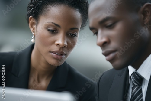 Black businesswoman and businessman reviewing documents in office, ideal for leadership, teamwork and corporate diversity concepts.