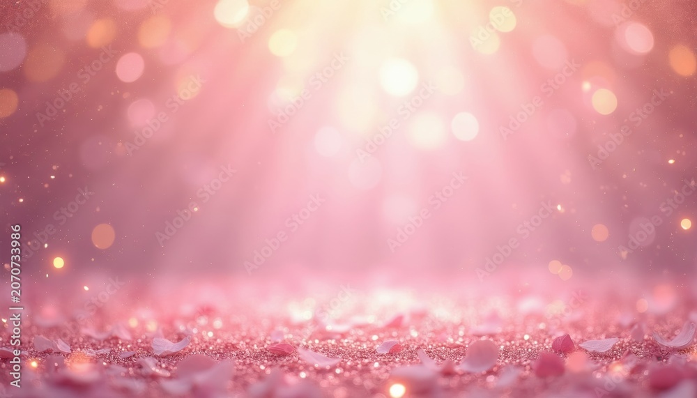 Naklejka premium Soft pink background with scattered rose petals and sparkling glitter. Gentle light beams radiate from above, creating a dreamy, ethereal atmosphere. Perfect for celebrations and invitations.