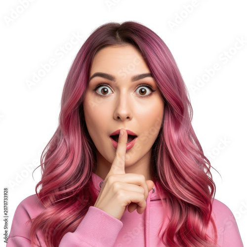 Woman thinking with pink hair and shocked face isolated on transparent background