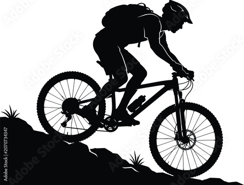 Mountain Biker Riding Trail Silhouette Vector Icon for Outdoor Adventure and Cycling Sport