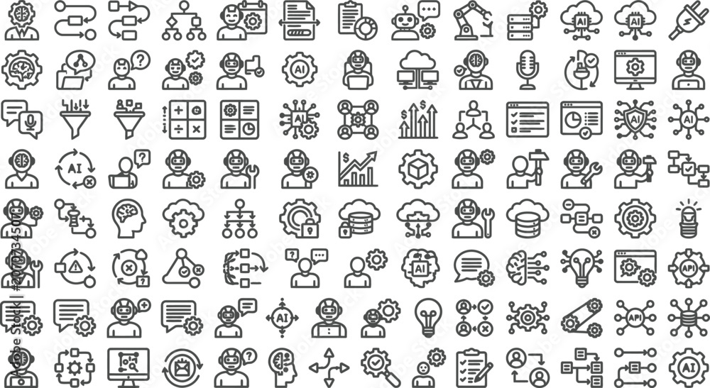 Obraz premium Artificial intelligence line icons, 100 machine learning vector symbols set