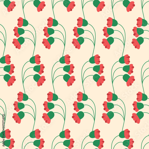Vector seamless pattern with decorative green twigs and bright red blossom buds on a cream background. Traditional Scandinavian inspired motif for cheerful fabric, wallpaper, wrapping paper.