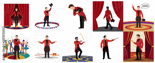 Billede på lærred Circus Ringmaster and Magician Character Set with Various Poses, Stage Performan