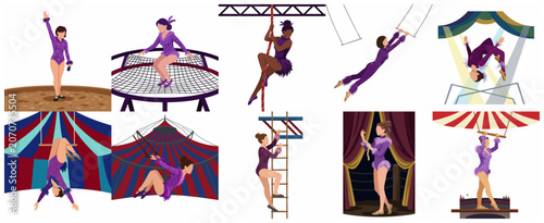Schilderij op canvas Set of circus acrobats and trapeze artists performing in purple costumes, flat v