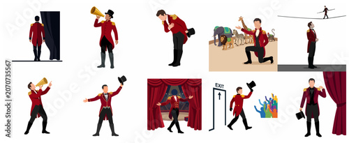 Tableau sur toile Collection of Circus Ringmaster Character Illustrations in Various Poses and Sce
